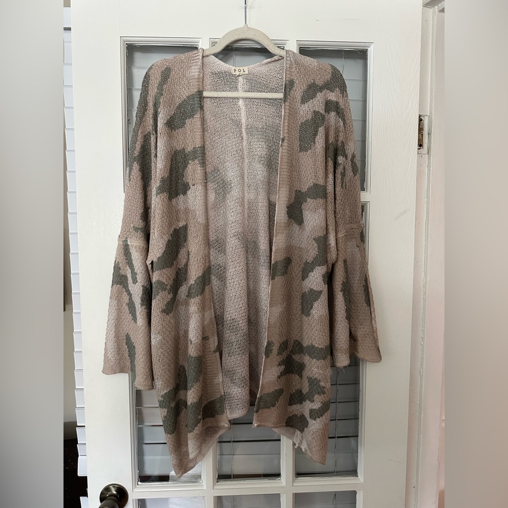 POL Women’s L  Long Line Open Knit Drop Shoulder Camo Cardigan